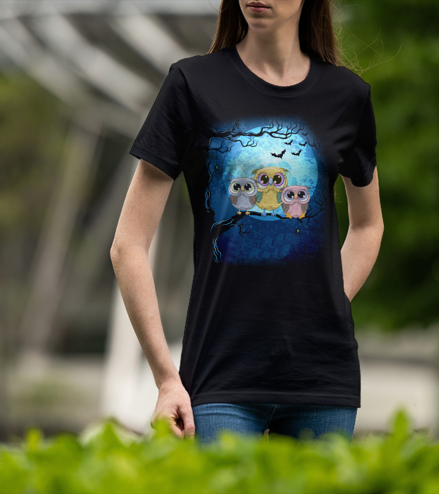 Night Family Owls Under Full Moon With Bats And Spiders T-Shirt