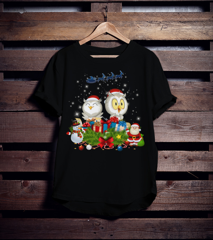 Waiting For Santa Owls With Gifts And Snowman Scene T-Shirt