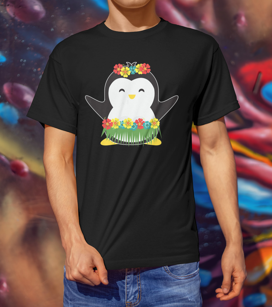 Penguin With Hula Skirt And Hawaiian Flowers Luau Party T-Shirt