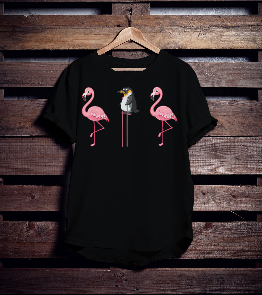 Flamingo Penguin On Stilts Flamingo Lover Scene With Two Pink Flamingos T-Shirt