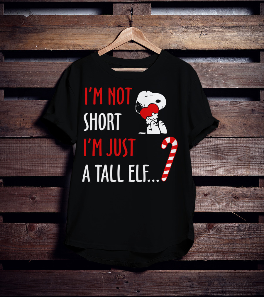 I'm Not Short I'm Just A Tall Elf Snoopy Candy Cane Hugging Heart T-Shirt