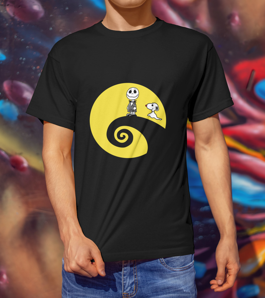 Jack Skellington And Snoopy Crossover In The Peanuts Movie Halloween Scene T-Shirt