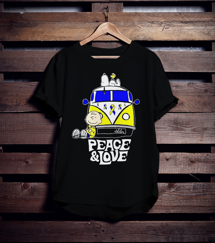 Peace And Love Snoopy Woodstock Yellow Ribbon Van Peanuts Cancer Warrior T-Shirt