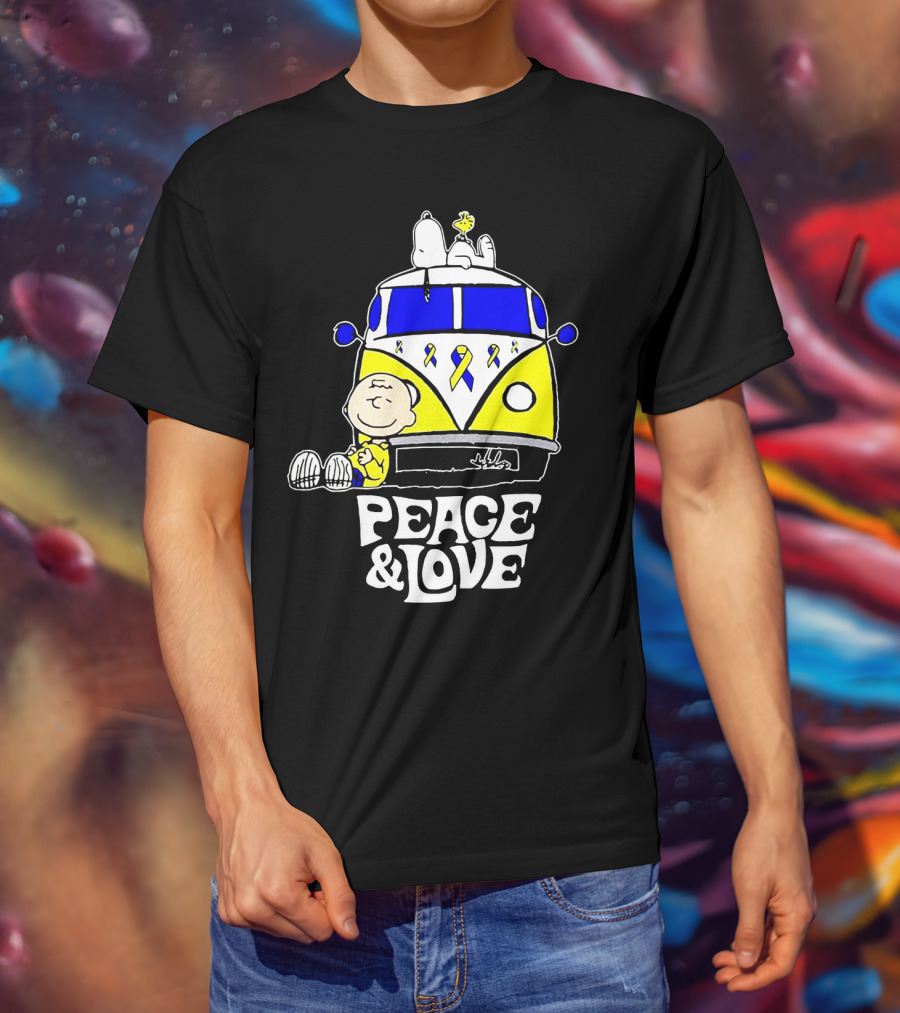Peace And Love Snoopy Woodstock Yellow Ribbon Van Peanuts Cancer Warrior T-Shirt