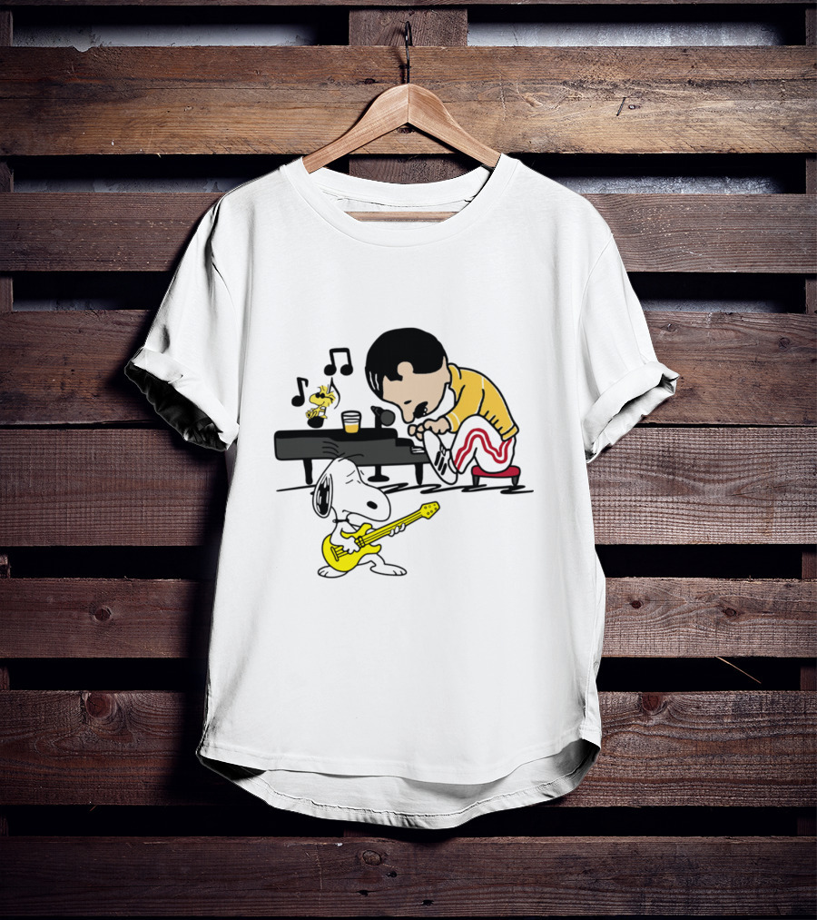 Freddie Mercury Playing Piano With Snoopy Guitar Peanuts Movie Scene T-Shirt