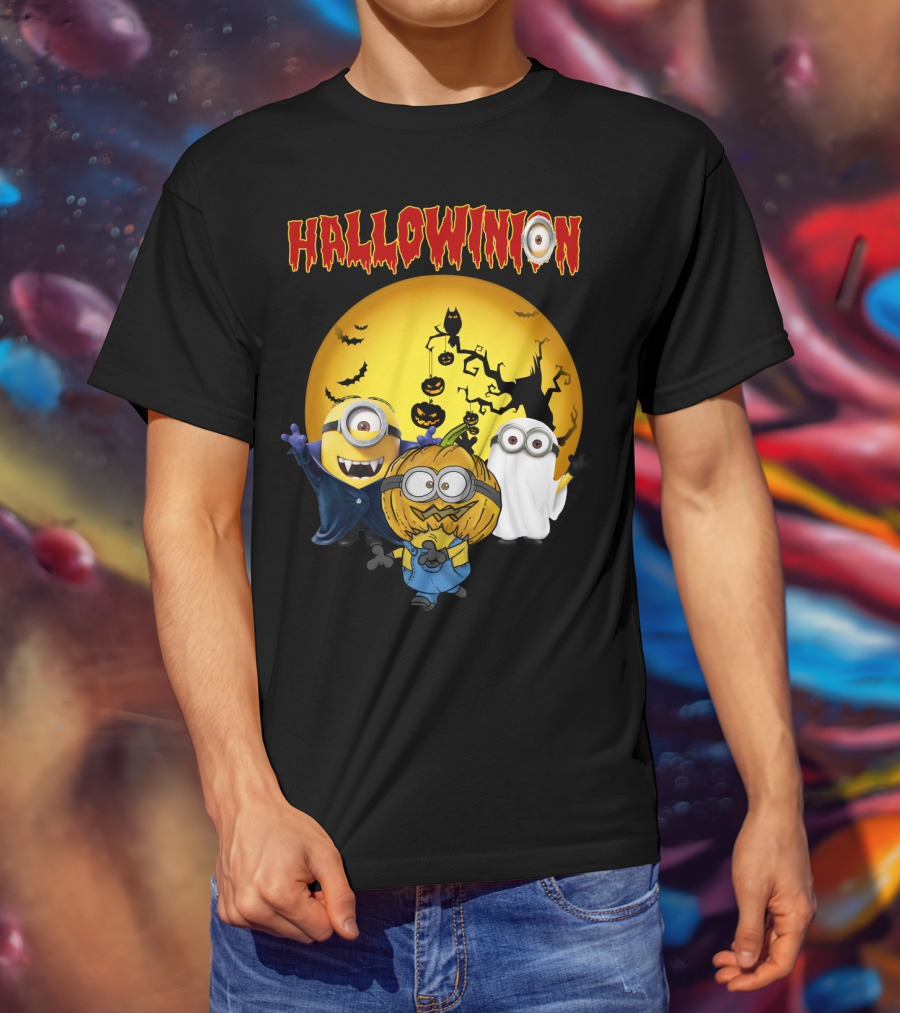 Hallowinion Halloween Minions Despicable Me Moon Bats Pumpkins Ghost Costume T-Shirt