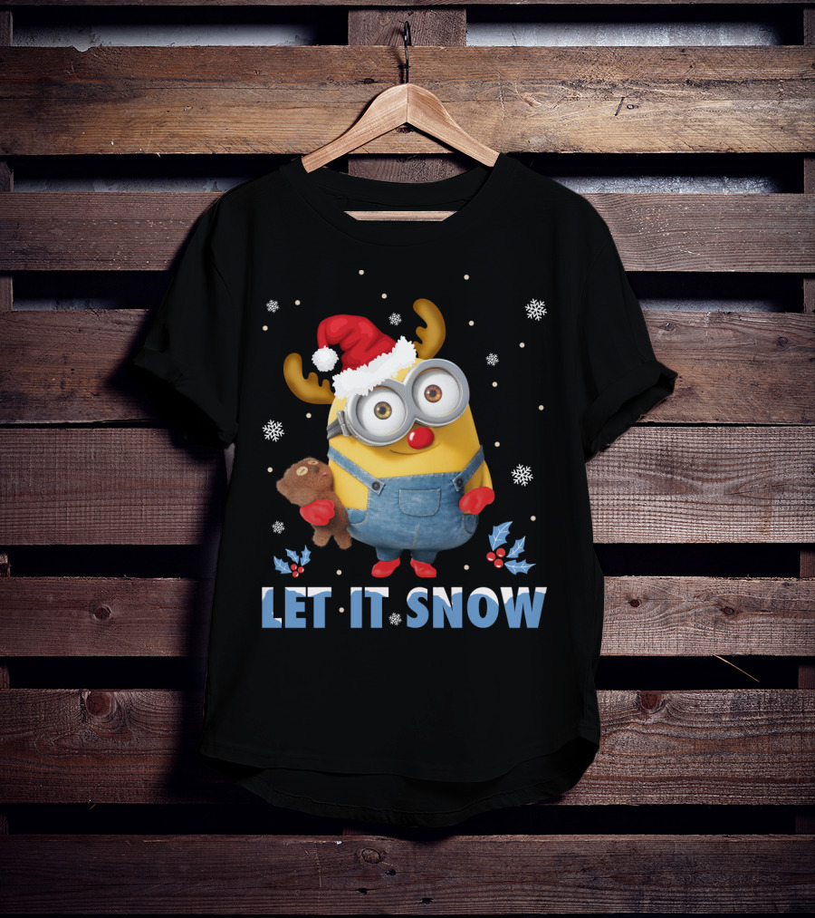 Let It Snow Xmas Minions Despicable Me Santa Hat Reindeer Antlers Toy T-Shirt
