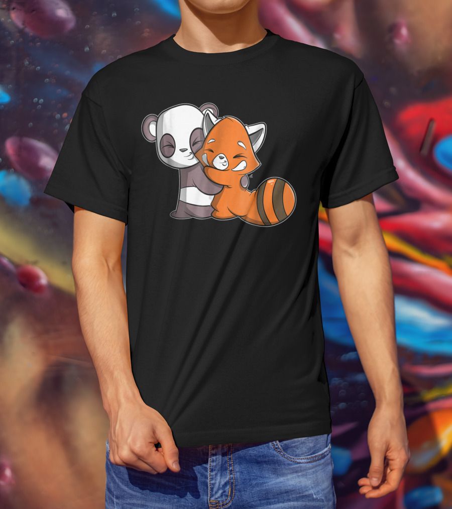 Cute Kawaii Panda Embrace Red Panda Hugging Adorable Friends T-Shirt