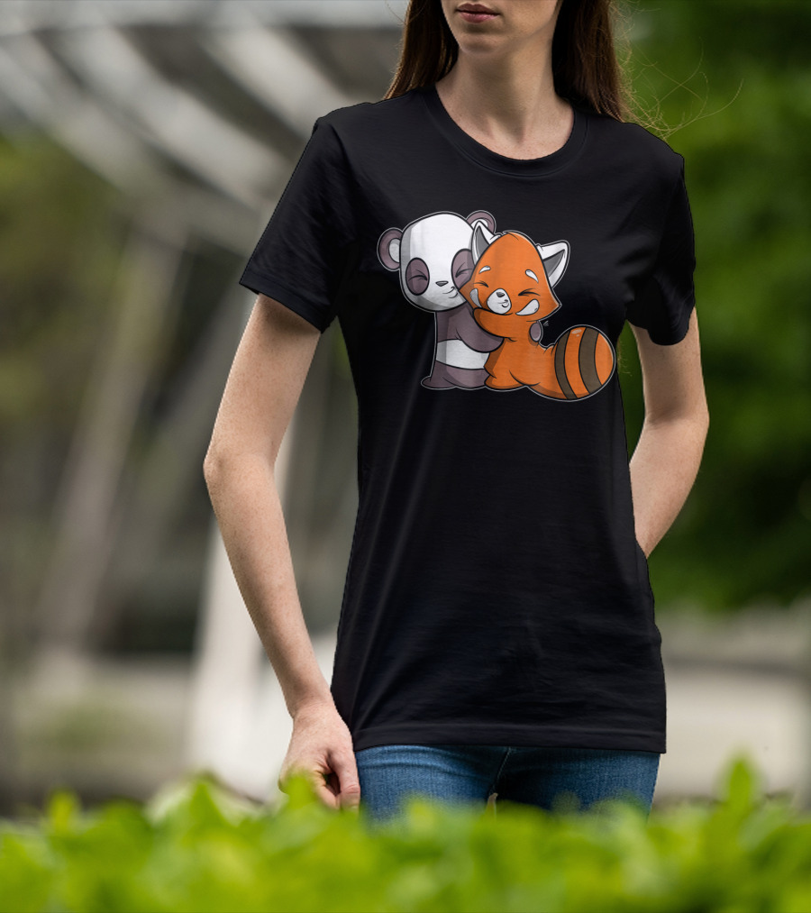 Cute Kawaii Panda Embrace Red Panda Hugging Adorable Friends T-Shirt
