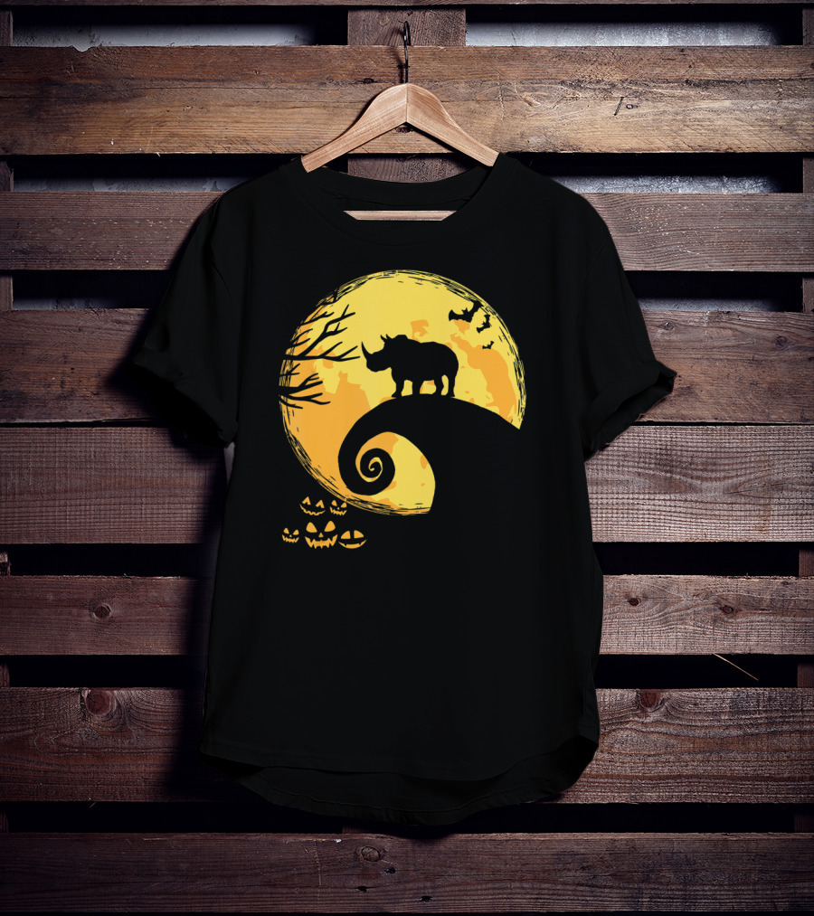 Funny Rhino And Moon Halloween Parody With Jack-O'-Lanterns And Bat T-Shirt
