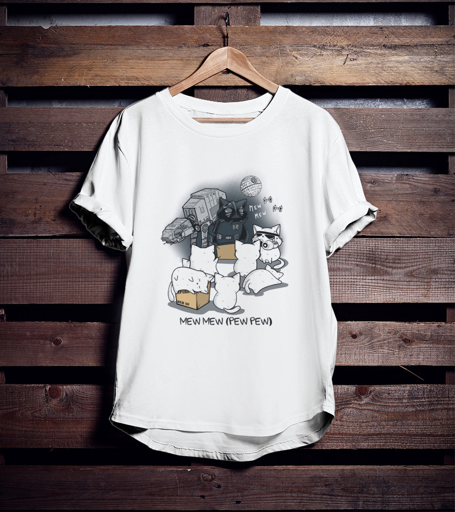Mew Mew Pew Pew Cat Darth Vader Star Wars Kittens With Death Star And Imperial Walker T-Shirt