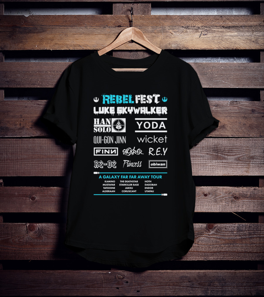 Rebel Fest Luke Skywalker Han Solo Yoda Qui-Gon Jinn Finn R2-D2 A Galaxy Far Far Away Tour T-Shirt