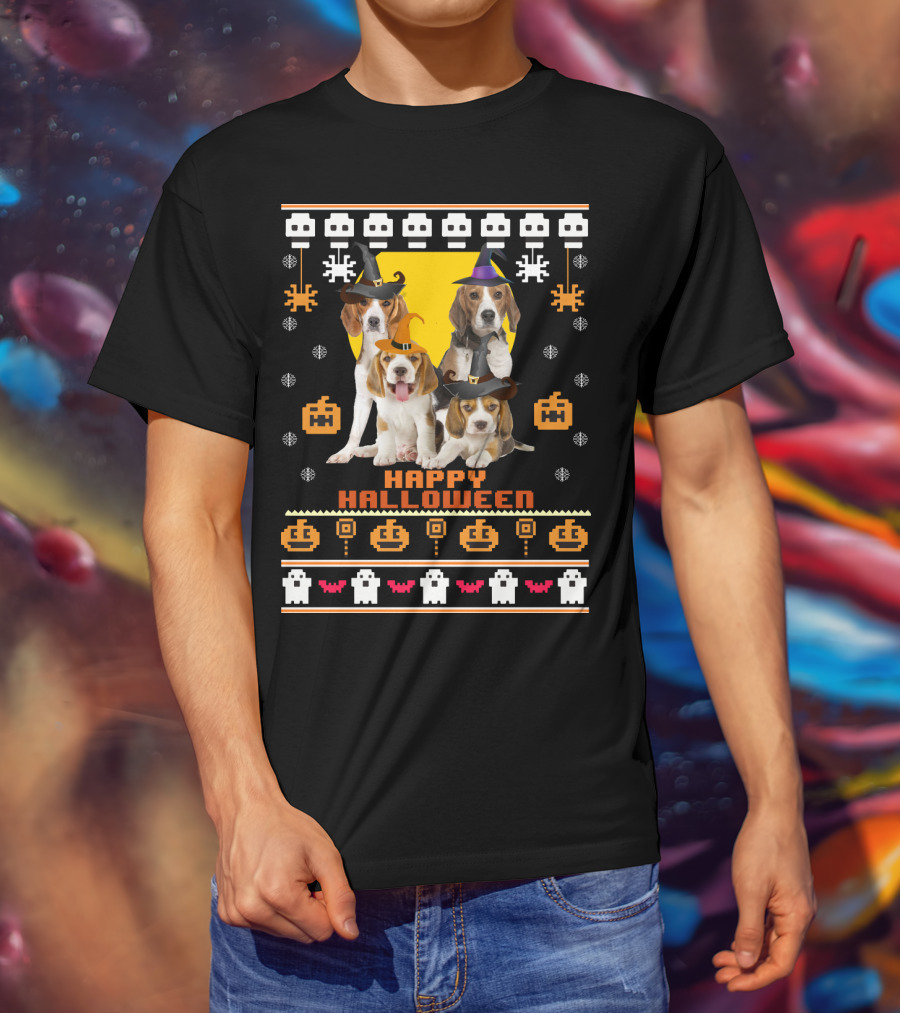 Beagle Happy Halloween Witch Hats And Pixelated Ghosts T-Shirt
