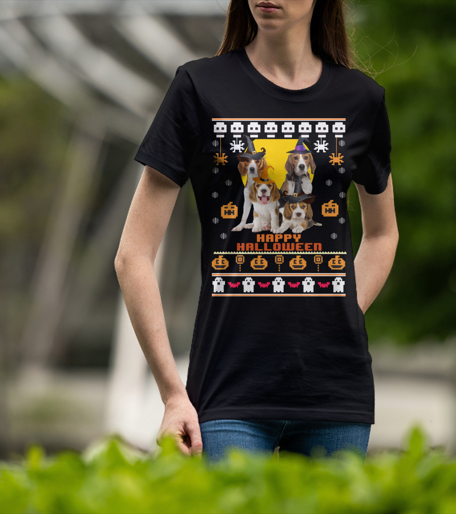 Beagle Happy Halloween Witch Hats And Pixelated Ghosts T-Shirt