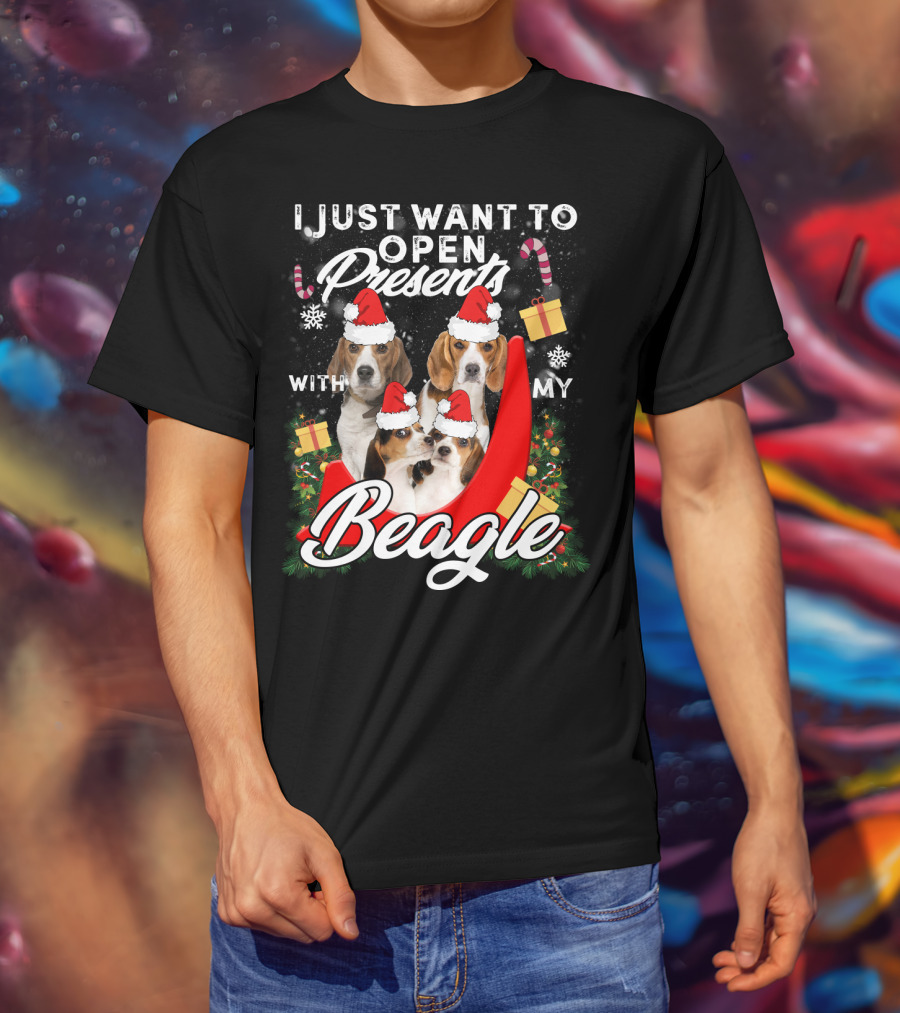 I Just Want To Open Presents With My Beagle Christmas Santa Hats Candy Canes Snowflakes T-Shirt