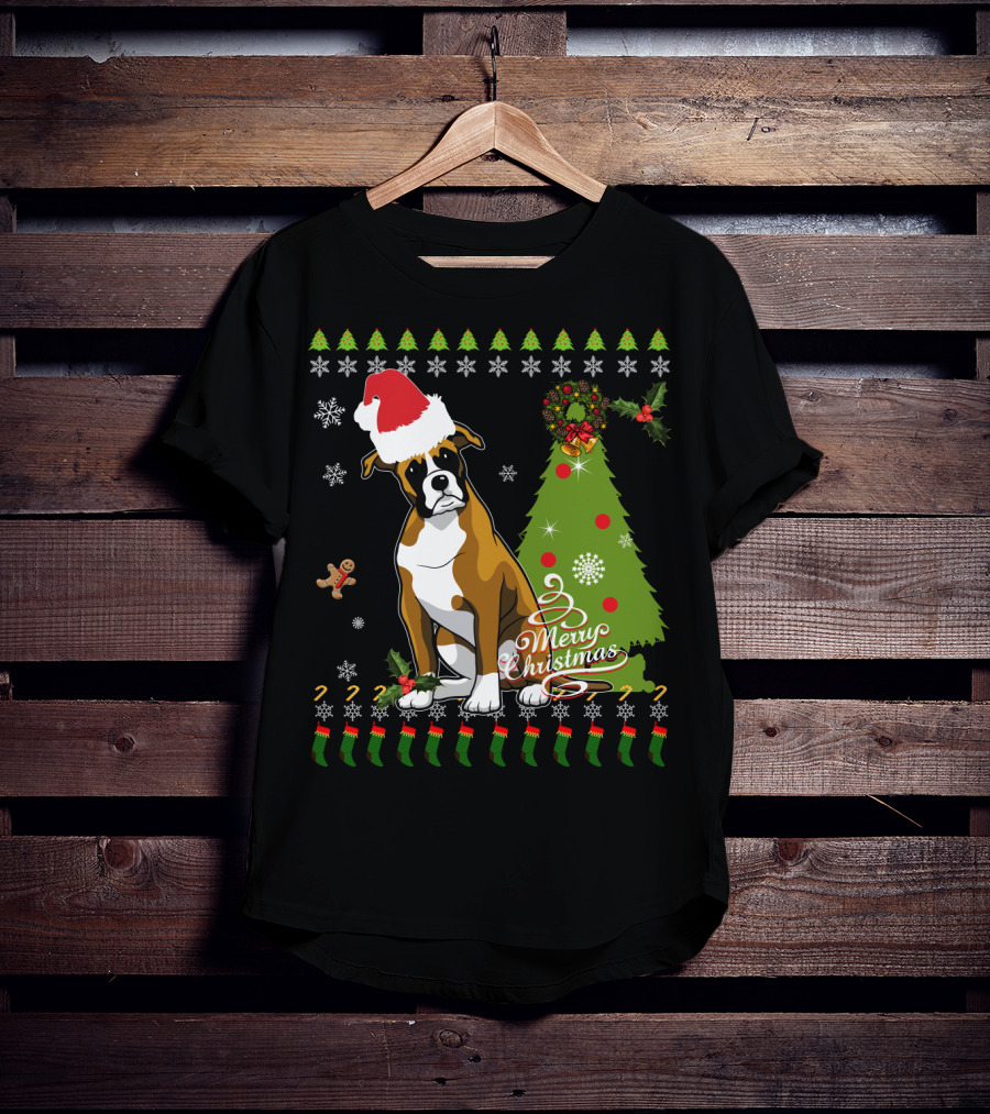 Merry Christmas Boxer Santa Hat Gingerbread Man Christmas Tree Snowflakes T-Shirt