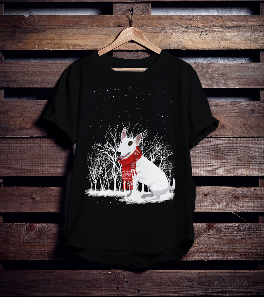 Winter Bullterrier Red Scarf Snowy Forest T-Shirt