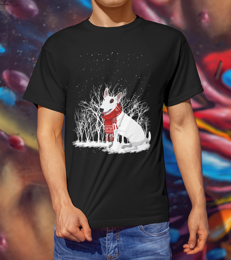 Winter Bullterrier Red Scarf Snowy Forest T-Shirt