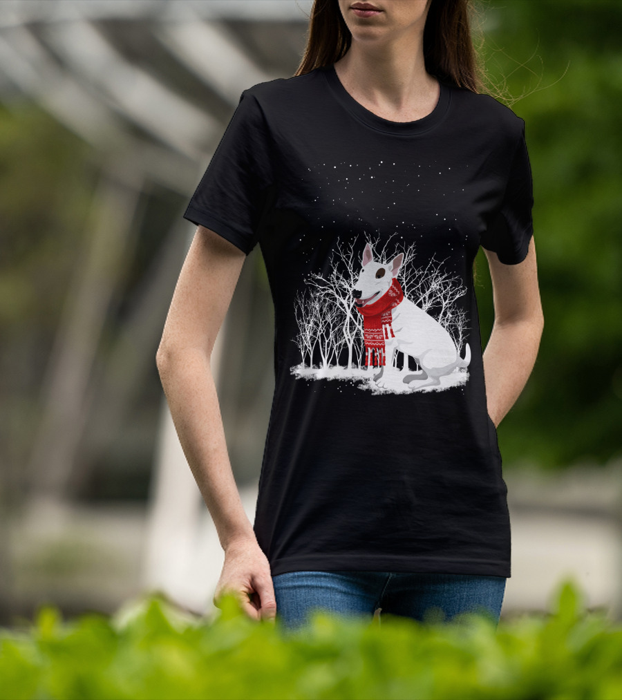 Winter Bullterrier Red Scarf Snowy Forest T-Shirt