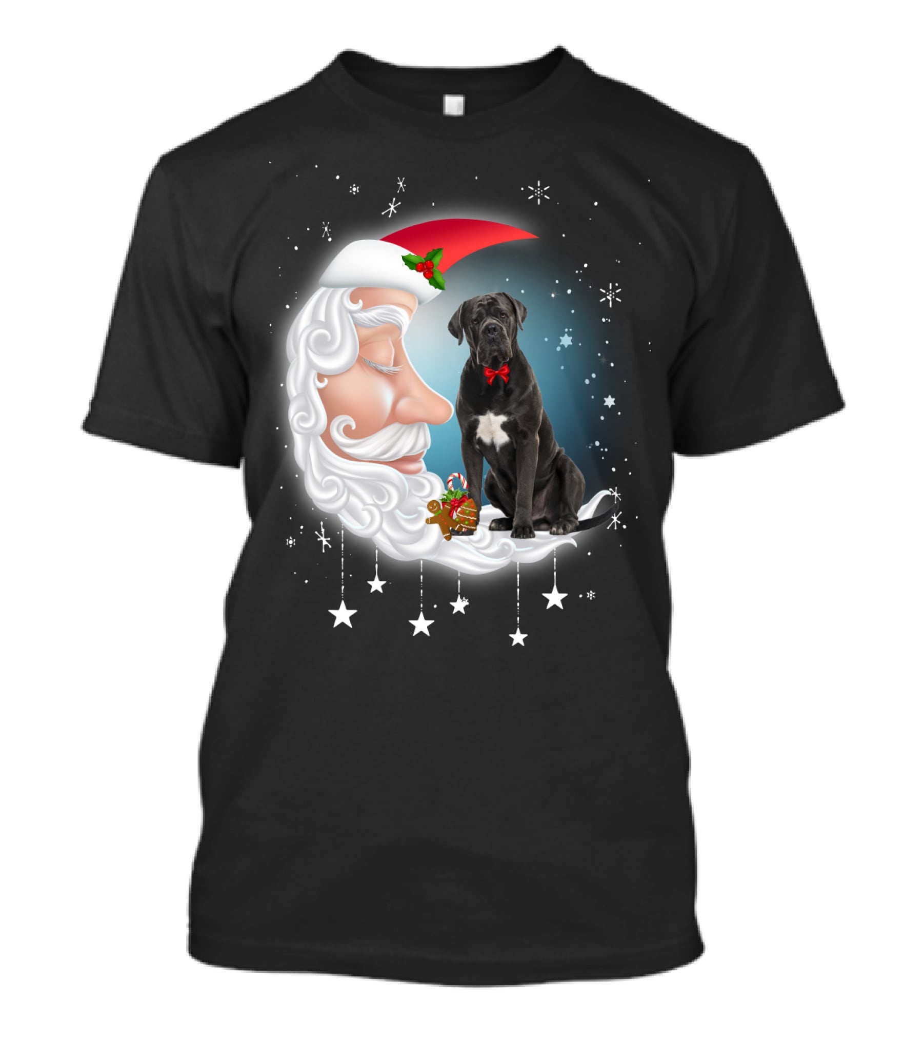 Santa Crescent Moon Cane Corso With Stars And Snowflakes T-Shirt