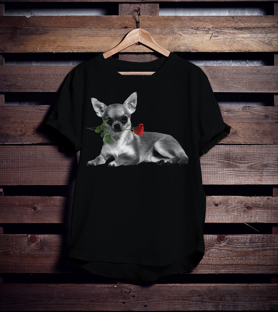 Chihuahua Holding A Red Rose In Mouth T-Shirt