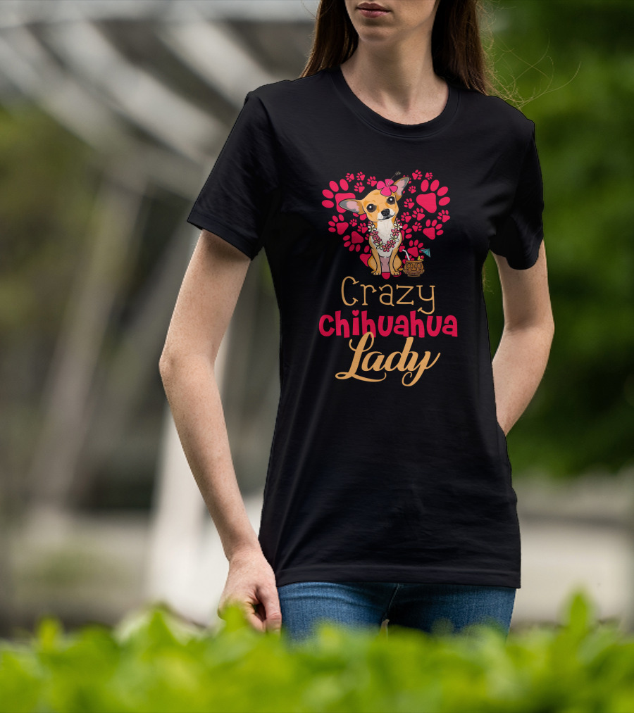 Crazy Chihuahua Lady With Floral Heart And Margarita Elements T-Shirt