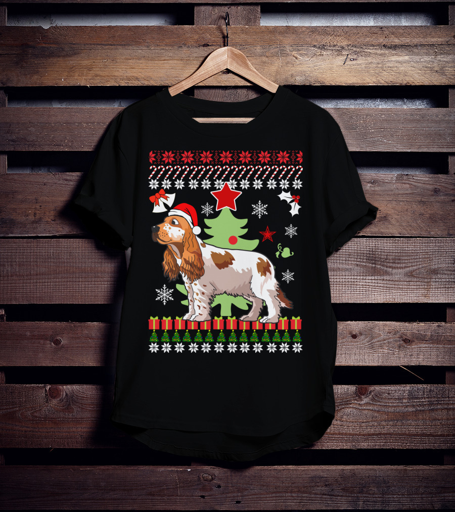 Christmas Cocker Spaniel Santa Hat Snowflakes Christmas Tree T-Shirt