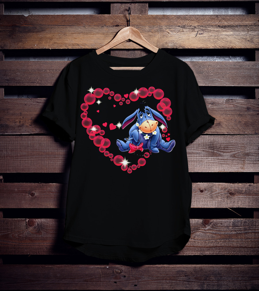 Eeyore Surrounded By Heart-Shaped Bubbles And Flowers T-Shirt