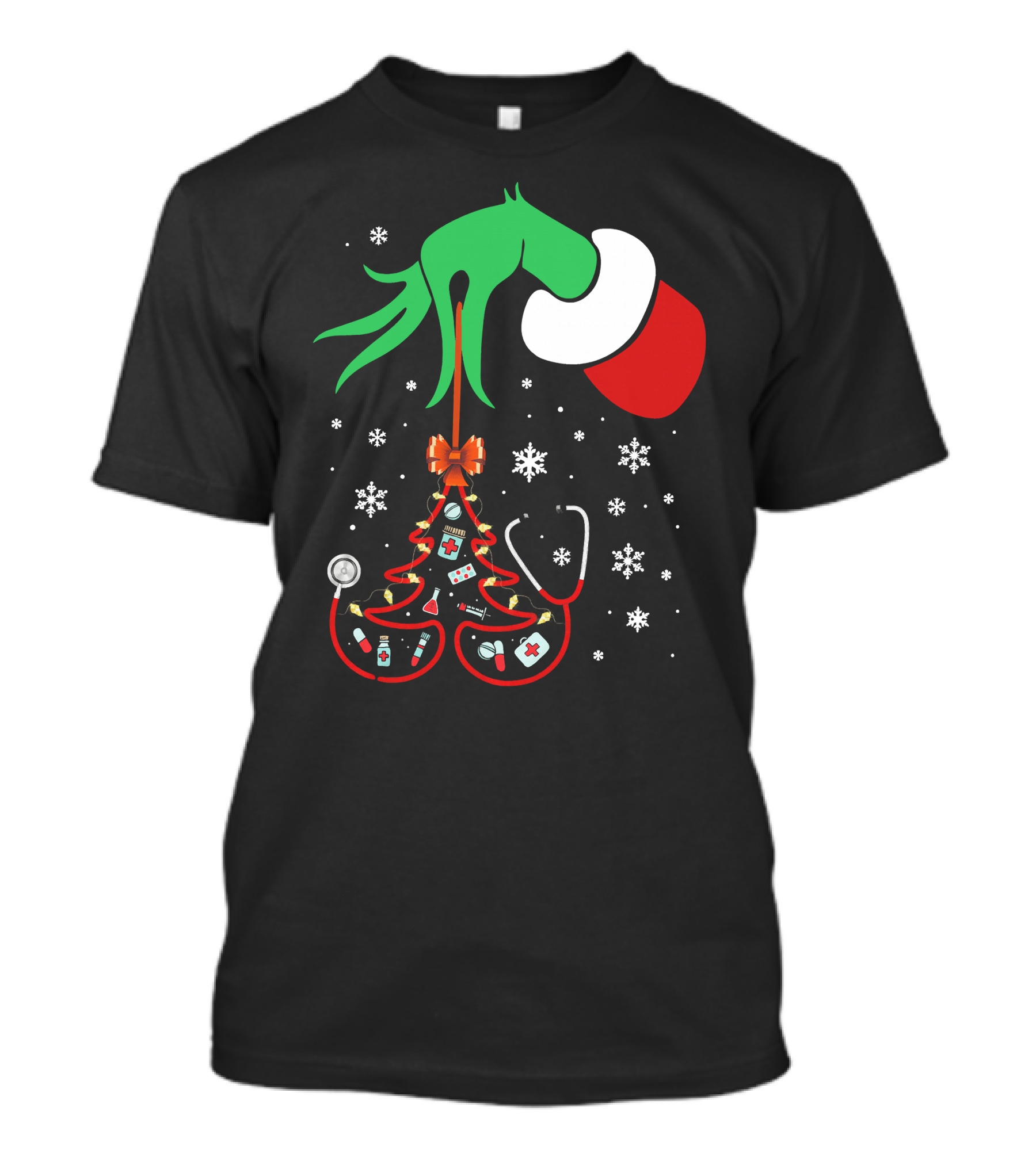 Grinch Hand Holding Nurse Themed Christmas Tree With Medical Icons T-Shirt