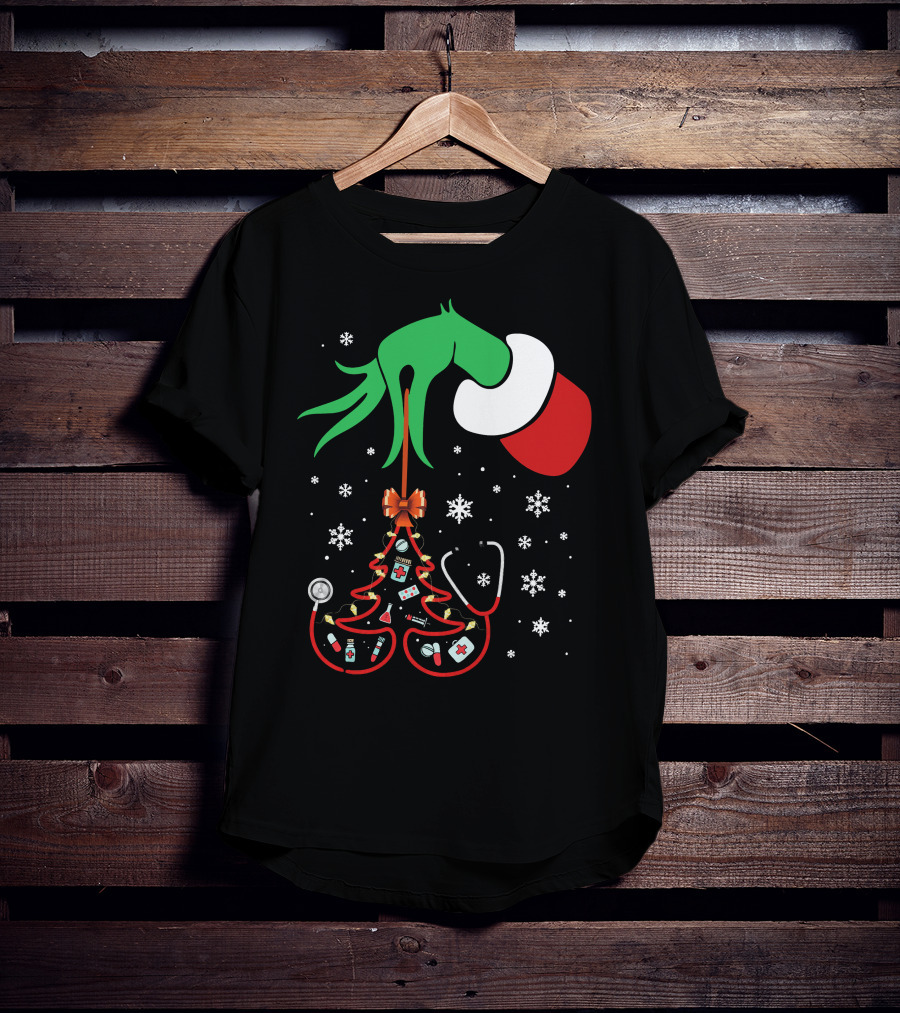 Grinch Hand Holding Nurse Themed Christmas Tree With Medical Icons T-Shirt
