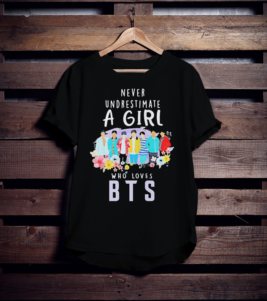 Never Underestimate A Girl Who Loves BTS Floral Watercolor Band T-Shirt