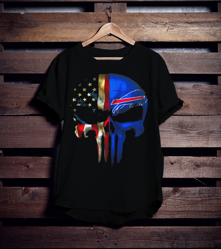Skull Buffalo Bills American Flag Punisher NFL Logo Stars Stripes T-Shirt