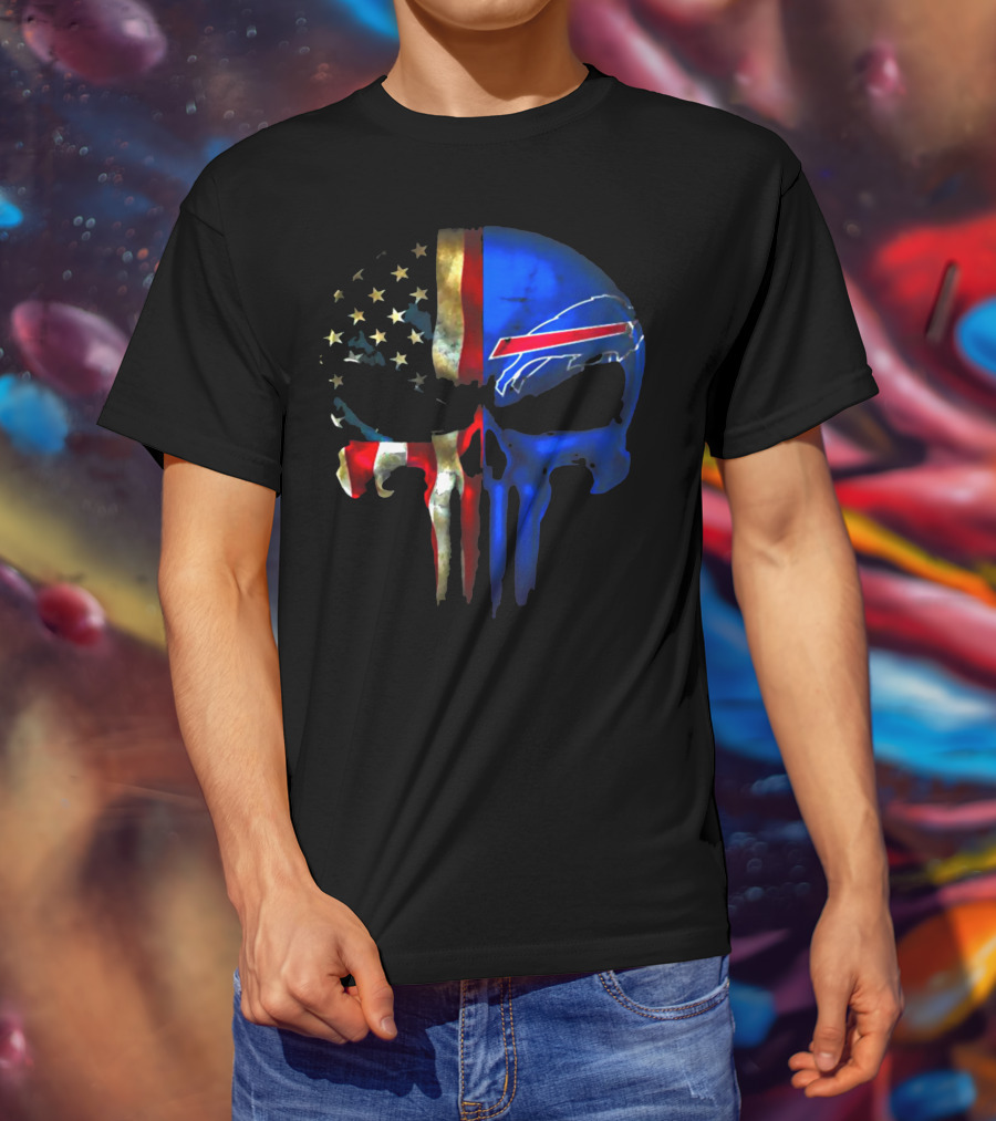Skull Buffalo Bills American Flag Punisher NFL Logo Stars Stripes T-Shirt