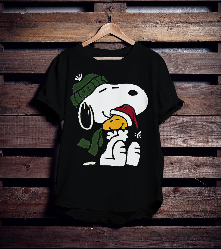 Snoopy Hugging Woodstock Winter Hat Scarf Christmas T-Shirt