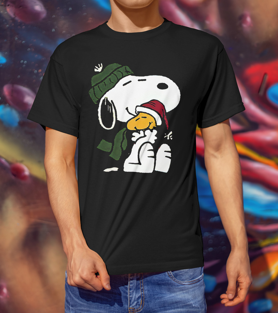 Snoopy Hugging Woodstock Winter Hat Scarf Christmas T-Shirt