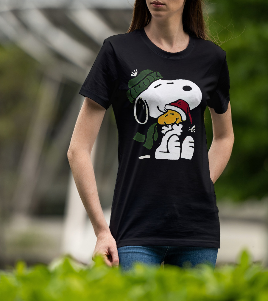 Snoopy Hugging Woodstock Winter Hat Scarf Christmas T-Shirt
