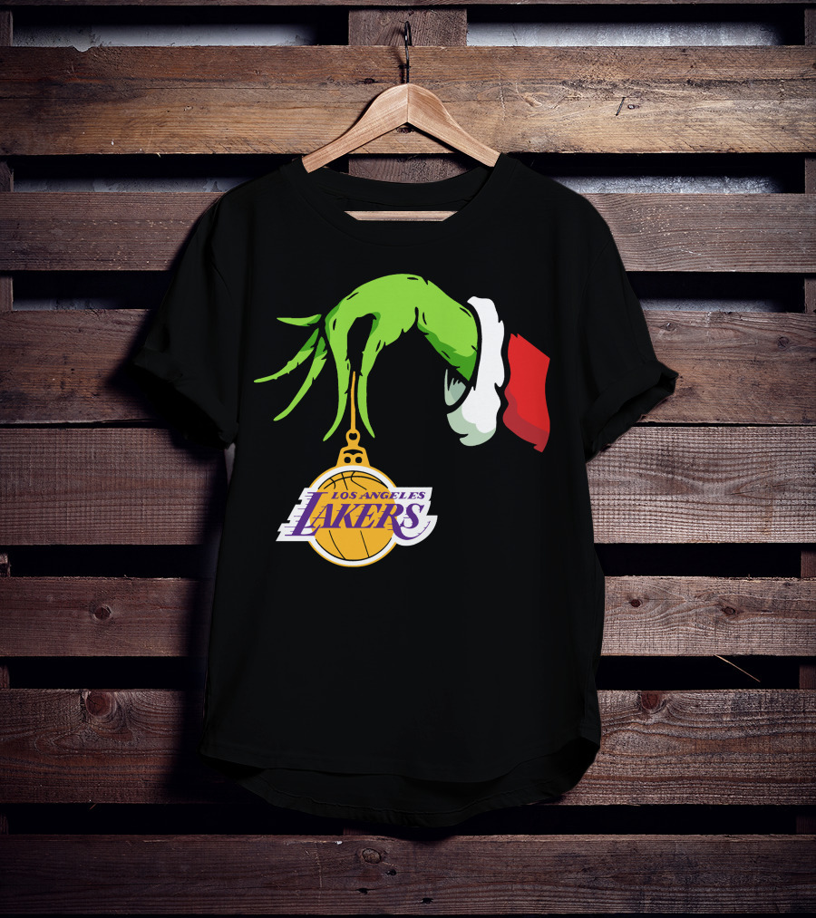 Grinch Hand With Santa Sleeve Holding Los Angeles Lakers T-Shirt