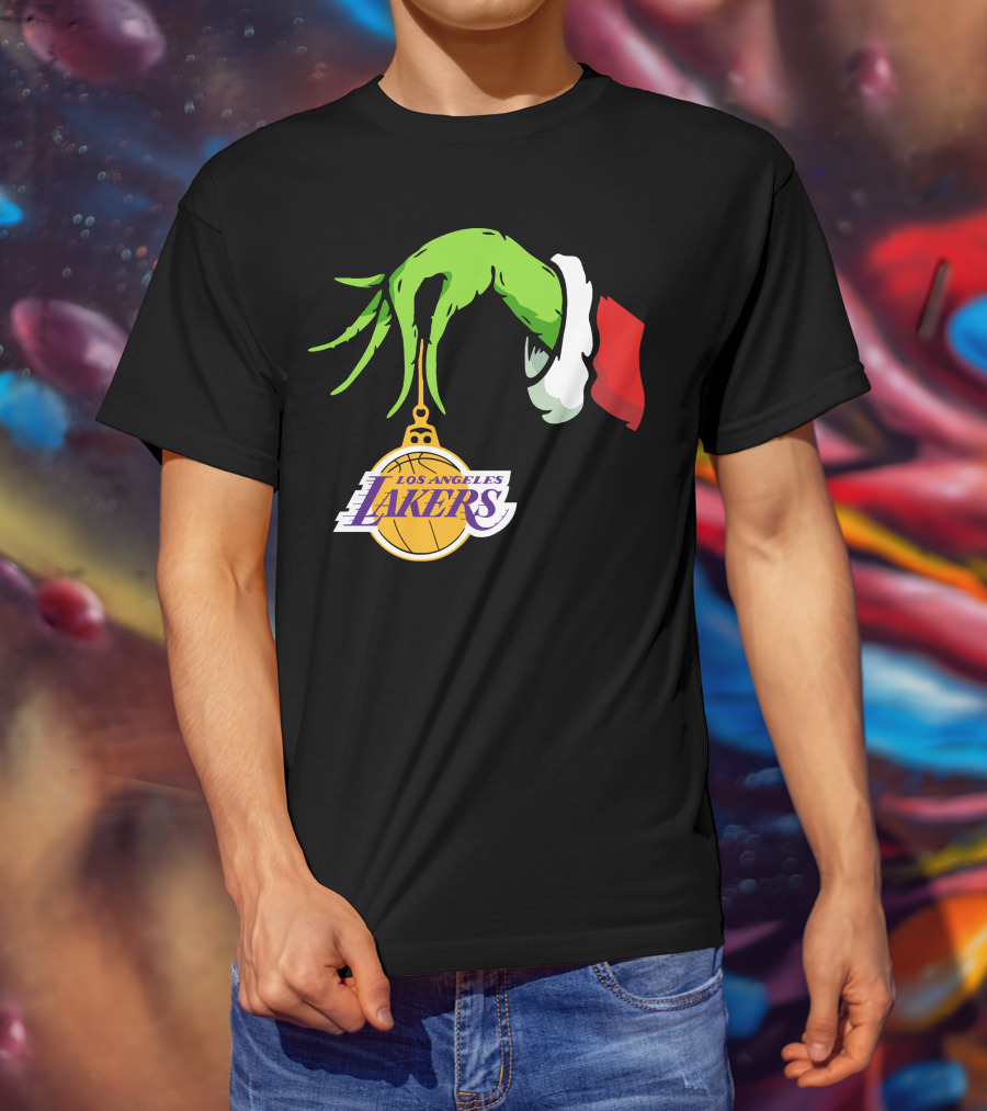 Grinch Hand With Santa Sleeve Holding Los Angeles Lakers T-Shirt