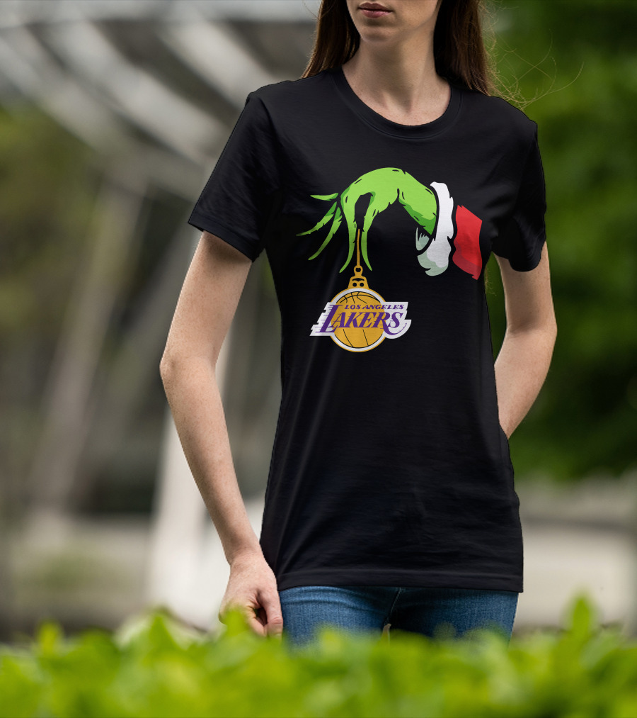 Grinch Hand With Santa Sleeve Holding Los Angeles Lakers T-Shirt