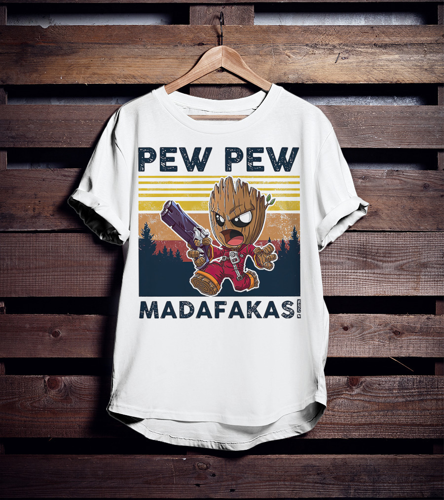 Pew Pew Madafakas Baby Groot Retro Forest Background T-Shirt