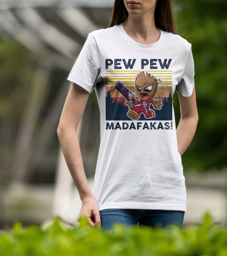 Pew Pew Madafakas Baby Groot Retro Forest Background T-Shirt