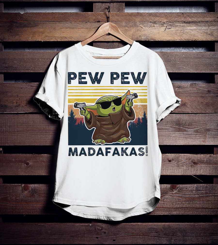 Pew Pew Madafakas Baby Yoda Retro Forest Sunset T-Shirt