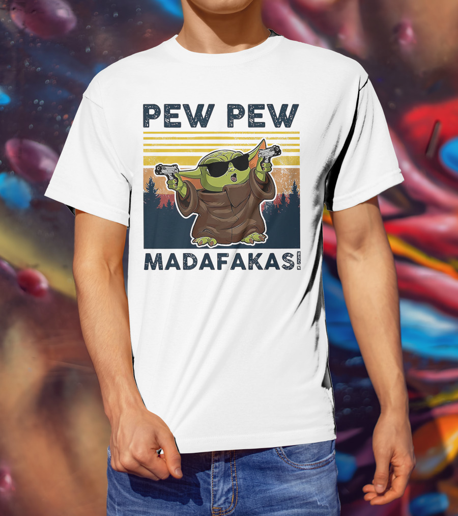 Pew Pew Madafakas Baby Yoda Retro Forest Sunset T-Shirt