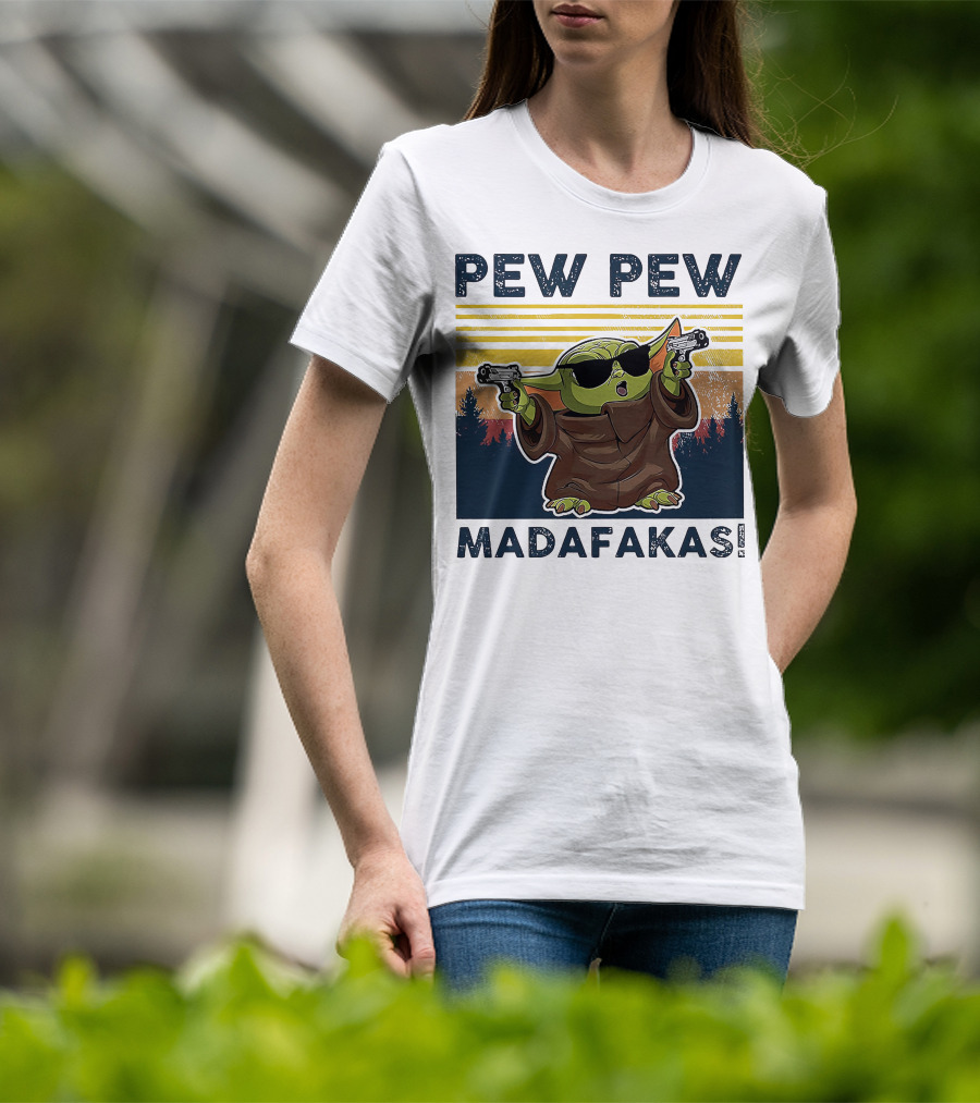 Pew Pew Madafakas Baby Yoda Retro Forest Sunset T-Shirt