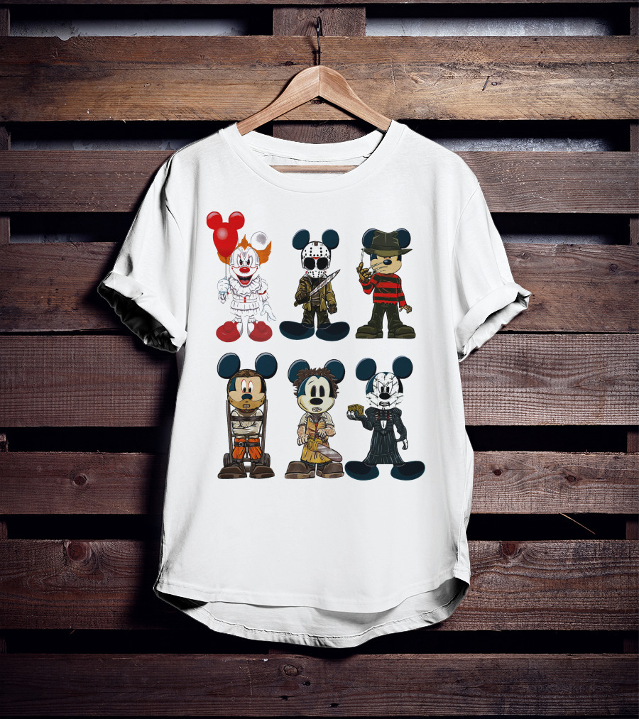 Halloween Horror Characters Mickey Mouse Pennywise Jason Freddy Chucky Leatherface Pinhead T-Shirt
