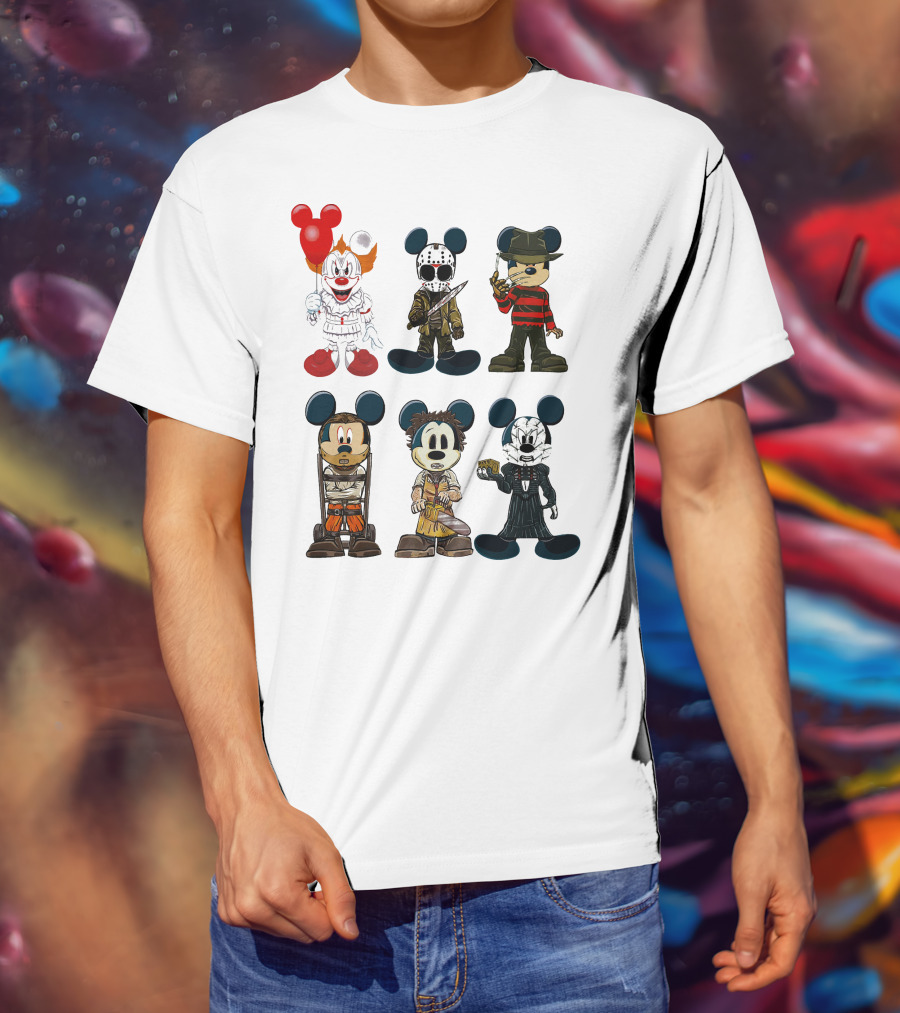 Halloween Horror Characters Mickey Mouse Pennywise Jason Freddy Chucky Leatherface Pinhead T-Shirt
