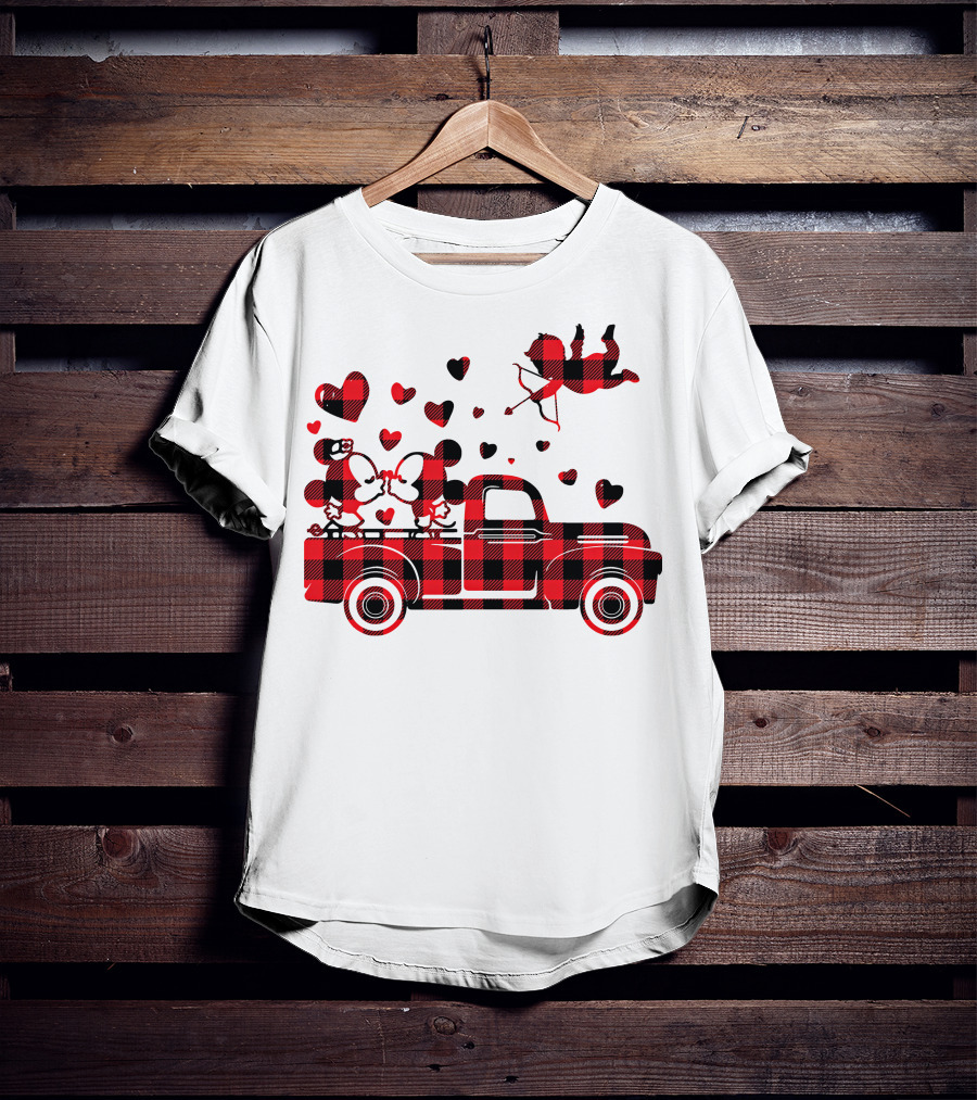 Buffalo Plaid Mickey Minnie Kissing In Truck With Hearts And Cupid Valentine T-Shirt