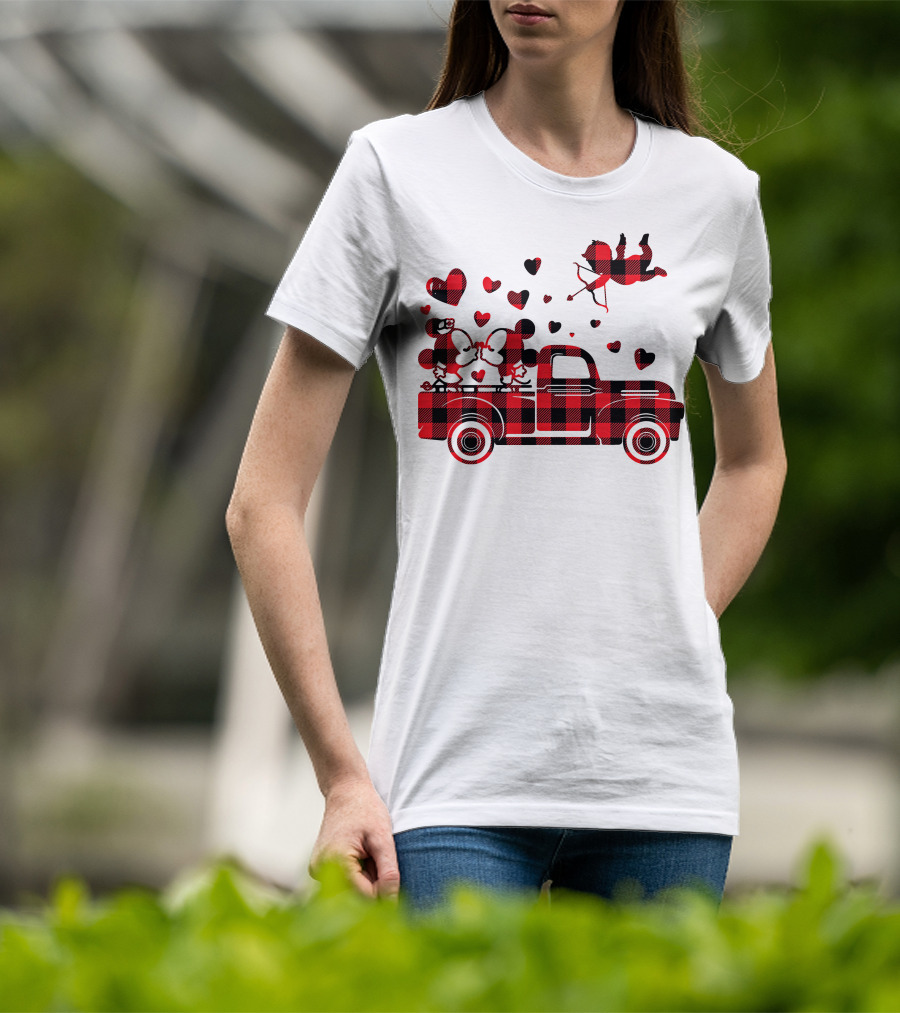 Buffalo Plaid Mickey Minnie Kissing In Truck With Hearts And Cupid Valentine T-Shirt