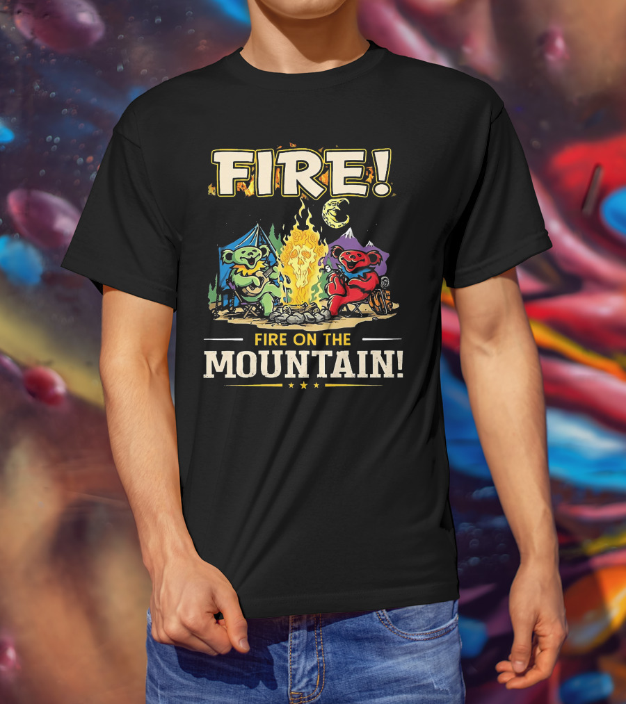 Grateful Dead Fire On The Mountain Camping Bears Campfire Scene T-Shirt