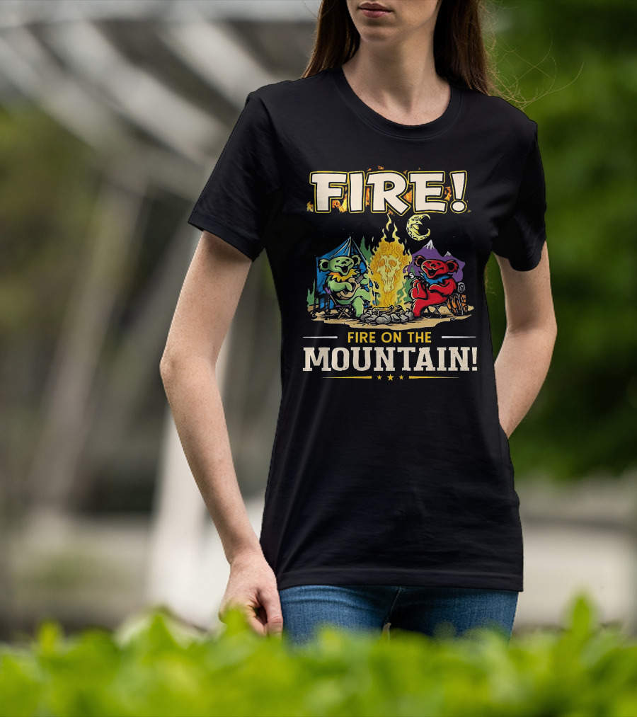 Grateful Dead Fire On The Mountain Camping Bears Campfire Scene T-Shirt